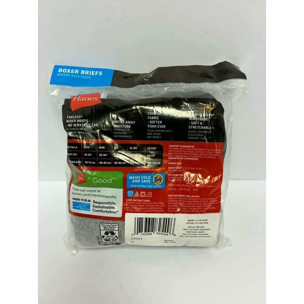 Hanes Mens 2 Tagless Boxer Briefs XL Black Gray Comfort Flex 2349VT